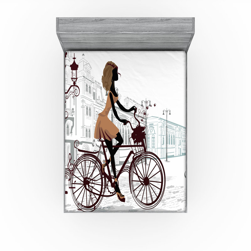Ensemble de 2 draps-housse Ambesonne Paris avec vélo dans les rues - brun et brun châtaignier