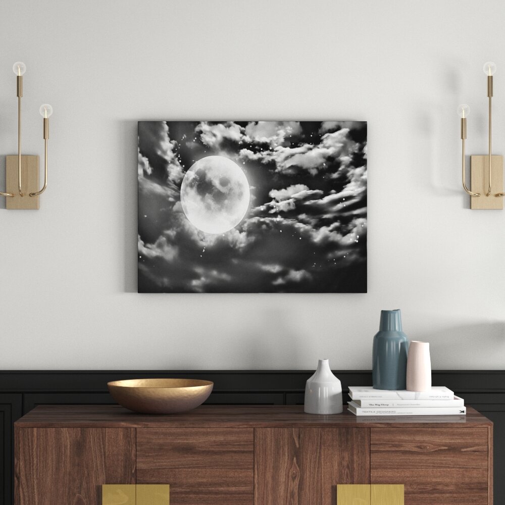 Leinwandbild Vollmond unter Sternen und Wolken in Monochrom