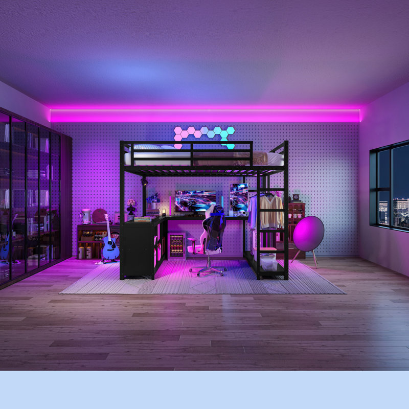 Lit mezzanine en métal avec garde-robe, bureau en L et cubes de rangement en métal pour un espace de vie économe