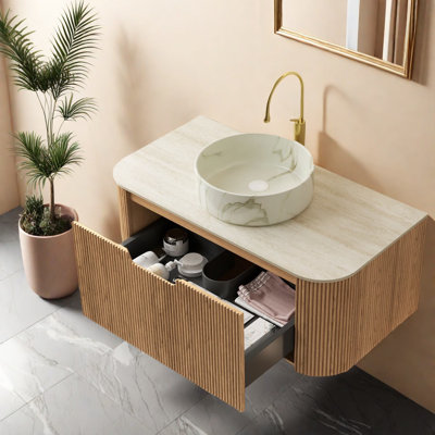 Meuble-lavabo et lavabo Modern Modern, bois naturel, plateau en pierre, fixation murale