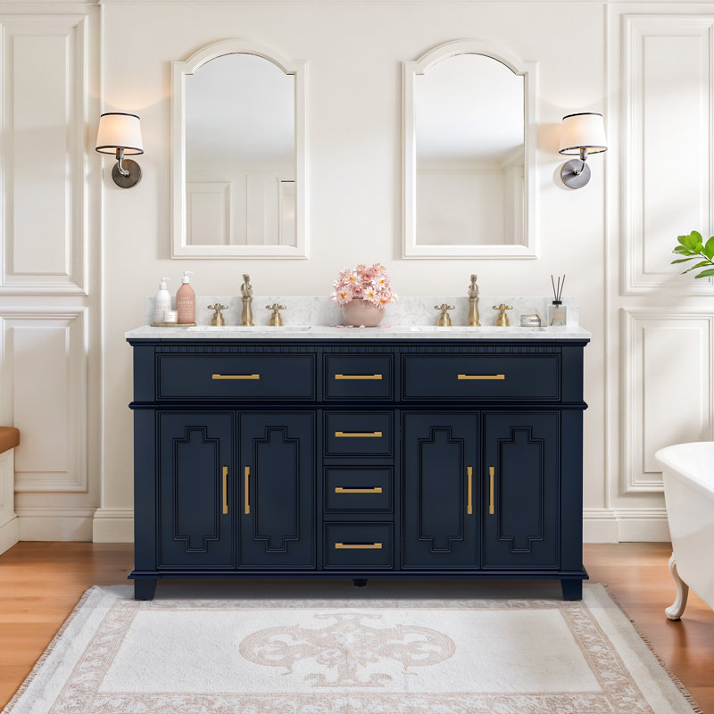Ensemble de meuble-lavabo double 60 po avec plateau en pierre reconstituée Scarlett, Bleu marine / or brossé 