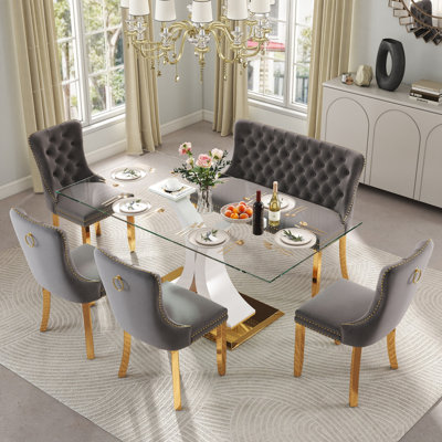 Ensemble de table de salle à manger moderne en verre pour 4/6 personnes, table de cuisine rectangulaire avec chaises en velours, ensemble de mobilier de salle à manger contemporain avec chaise capitonnée et banc