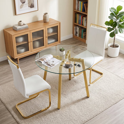 Ensemble de salle à manger 3 pièces en verre trempé rond moderne avec chaises en porte-à-faux
