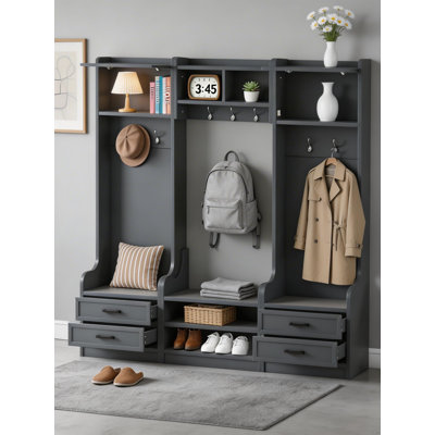 4-In-1 Detachable Storage Coat Rack With Drawers, 7 Hooks, Retro Blue Shoe Bench, Suitable For Entryways And Hallways.
