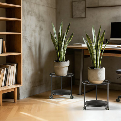 Heavy-Duty Rolling Plant Stands With Wheels And Water Tray, 2-Pack Geometric Indoor Plant Caddies For Effortless Mobility And Superior Weight Support