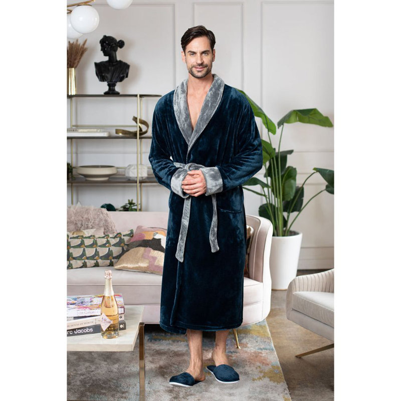  Peignoir en molleton mi-mollet avec poches, XXL / XXXL, Bleu marine / gris foncé