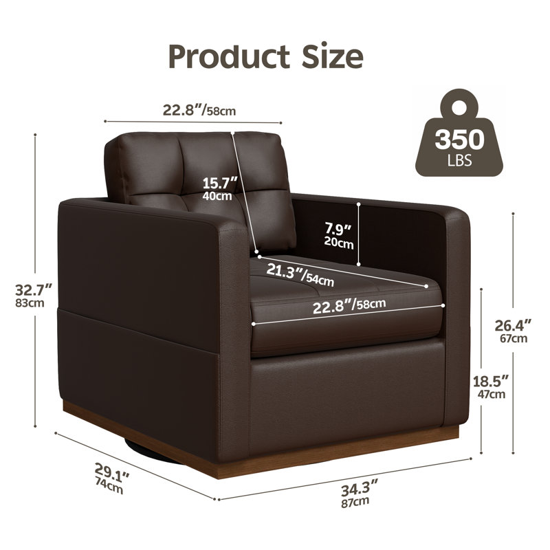 Fauteuil pivotant en cuir de 34,3 po de largeur avec base en bois, Café