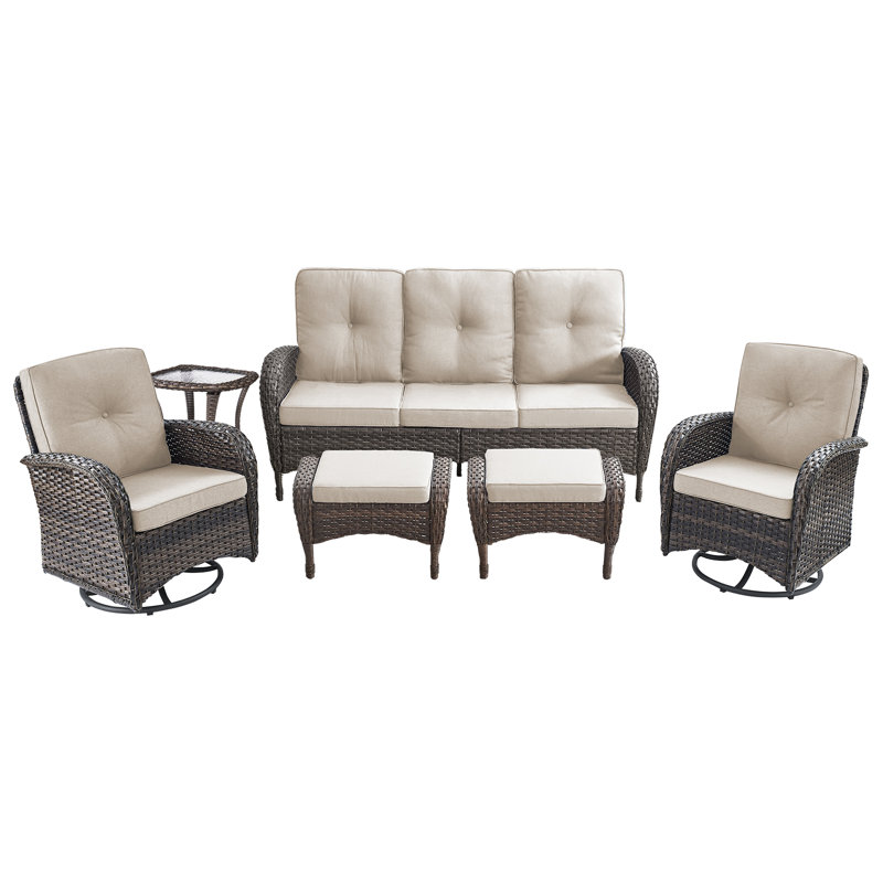 Aristil 5-Person PE Wicker Outdoor Patio Conversation Set With Swivel Glider Chair With Ottomans And Cushions, Beige