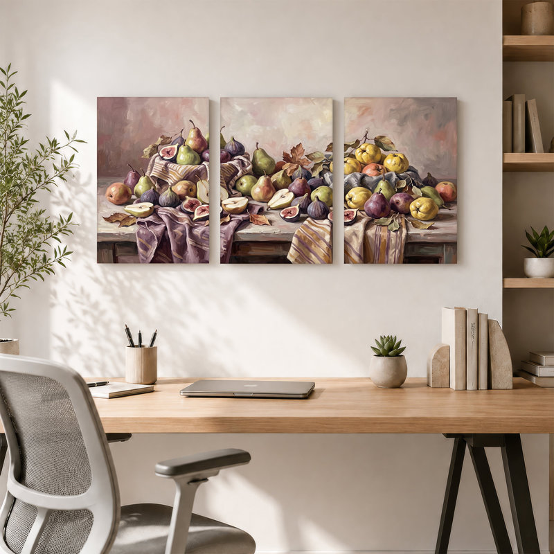 Ensemble de 3 toiles vertes poires vertes et mauves sur toile tendue, H 36 po x l 24 po x 3 pièces