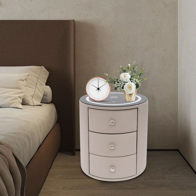 Table de chevet intelligente avec lumière DEL, plateau de chargement sans fil et rangement à 3 tiroirs pour la chambre à coucher