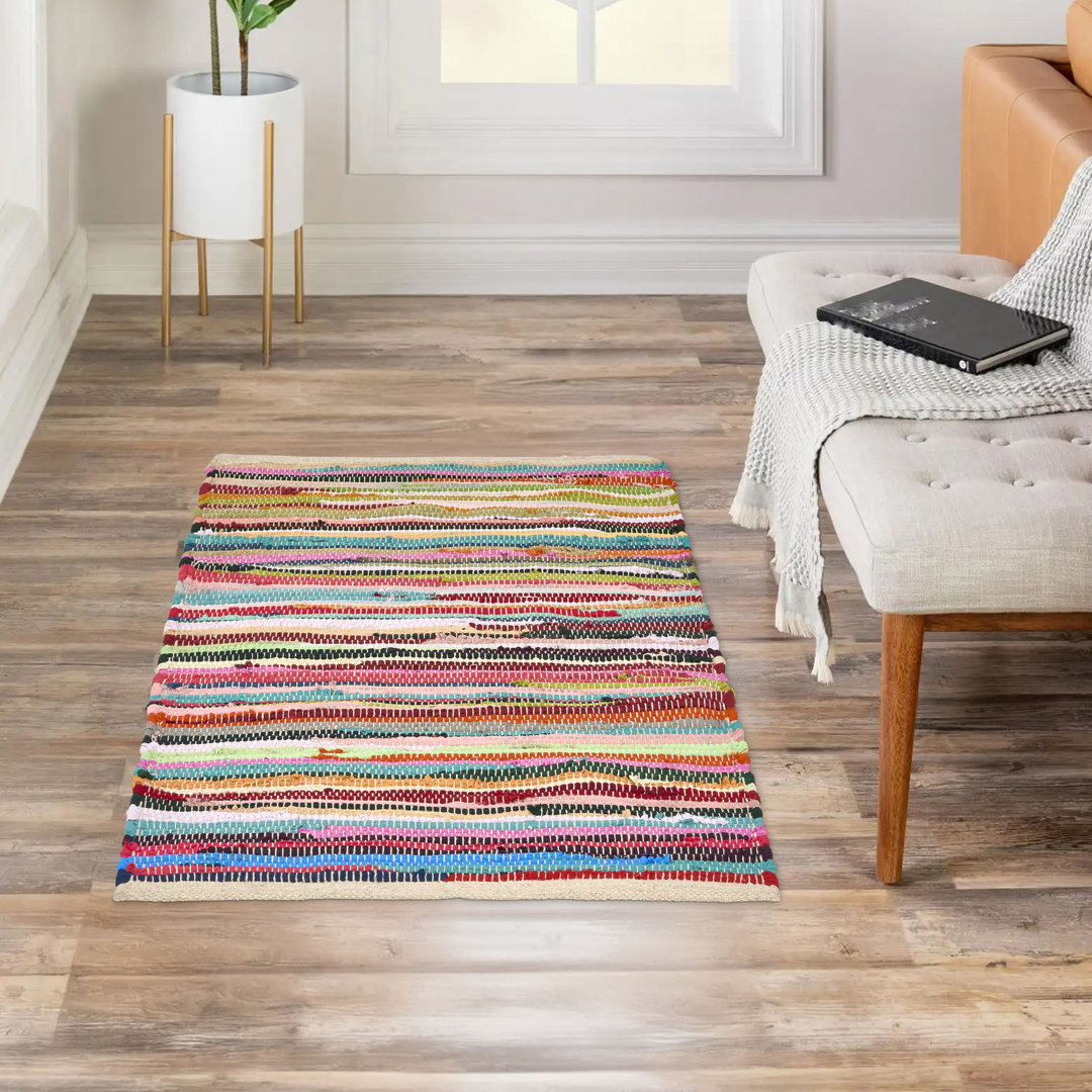 Skyla Striped Handmade Hand Tufted Rectangle 120cm x 180cm Cotton Area Rug in Multi Coloured