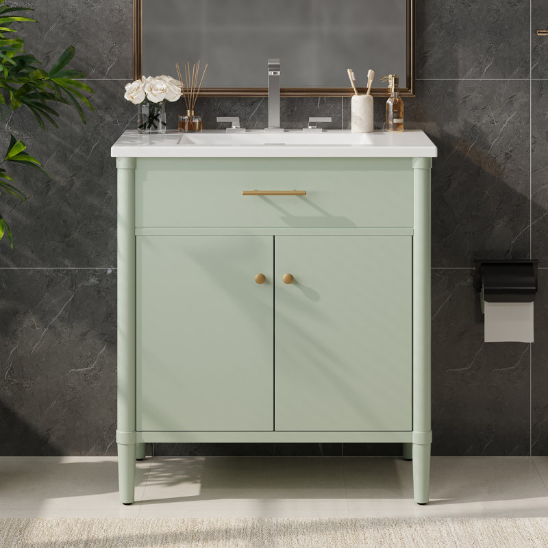 Meuble-lavabo de salle de bain avec lavabo, portes à fermeture douce, tablette réglable, conception incurvée et pieds en bois d'hévéa durables
