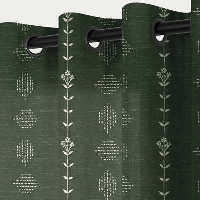 Olive Green Boho Sheer Linen Curtains, Floral Pattern Modern Organic Drapes For Living Room & Bedroom, 84-Inch Length