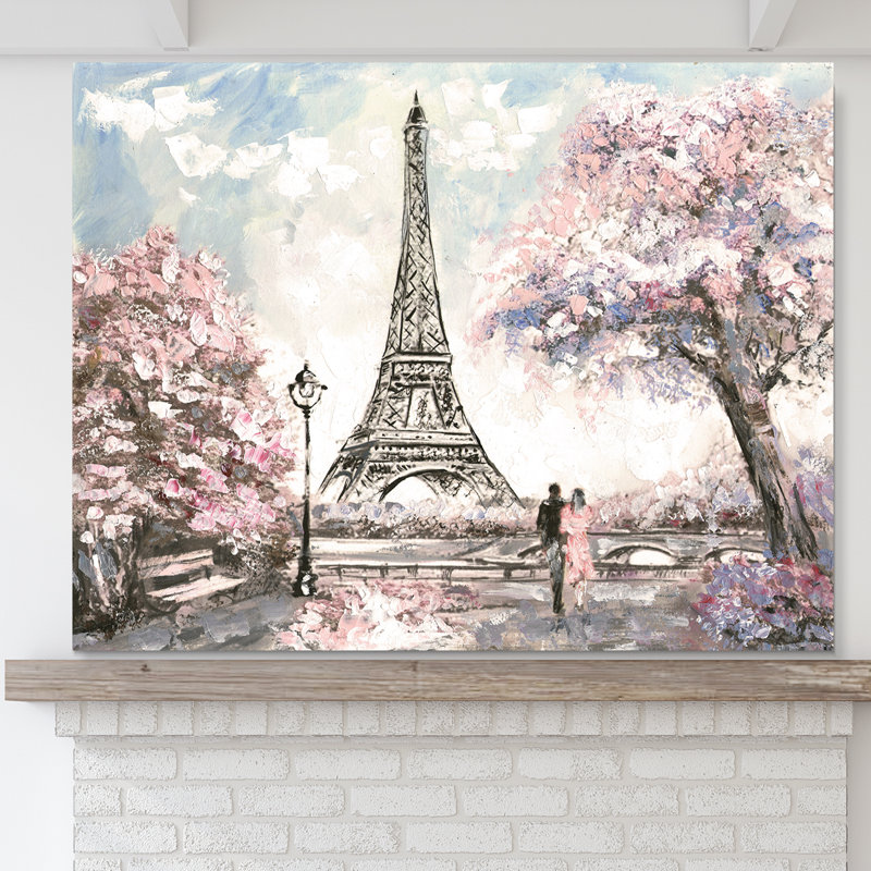 Paysage urbain «Eiffel avec fleurs roses», peinture, H 30 po x l 40 po x P 1,5 po, Toile tendue