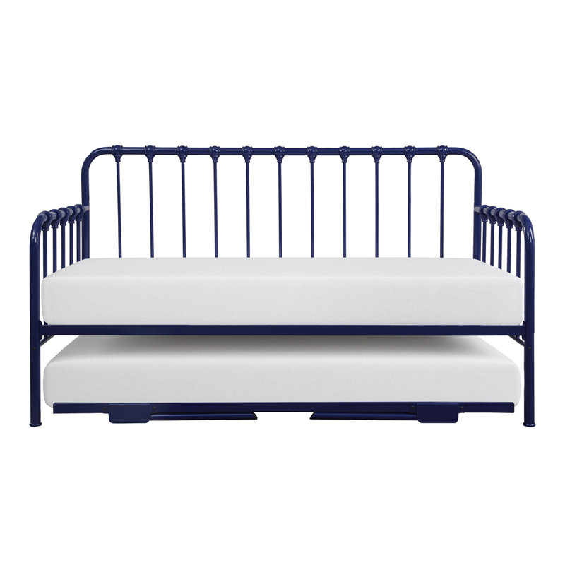 Daybed with Lift-up Trundle 1pc Finish Metal Frame Classic Design Home Furniture, Navy Blue