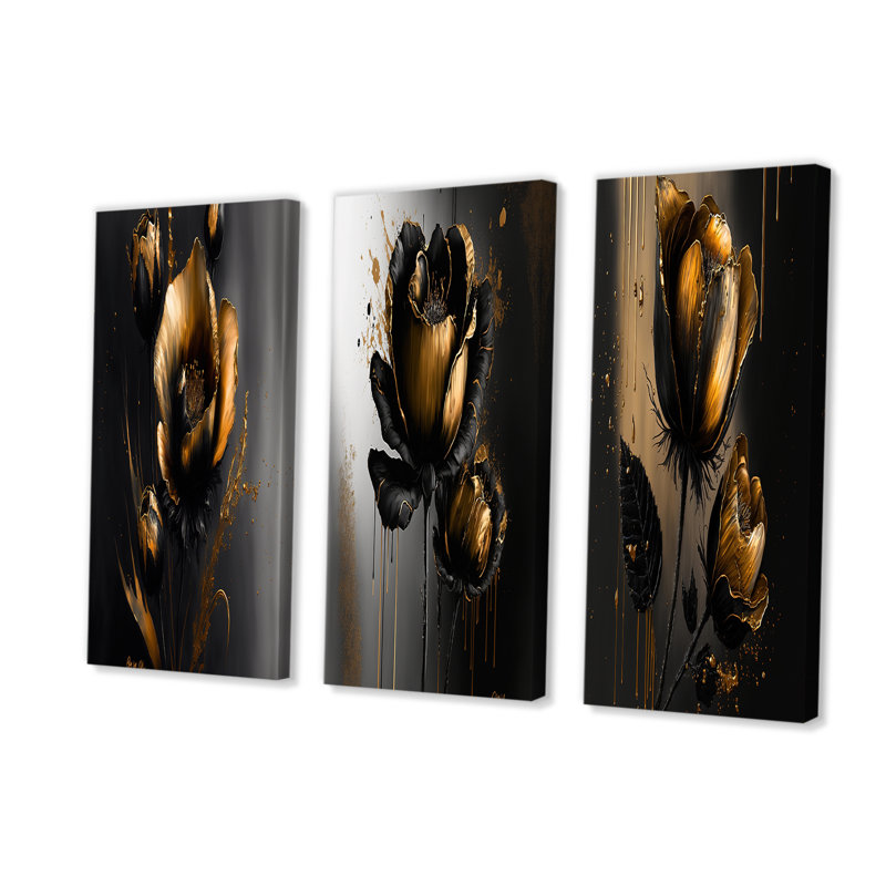 Motif floral noir et doré I 3 pièces, H 40 po x l 60 po x P 1 po