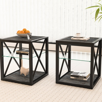 Table de chevet moderne 2 pièces pour la chambre à coucher et le salon, style industriel avec verre trempé naturel, table de chevet stable et compacte, compacte