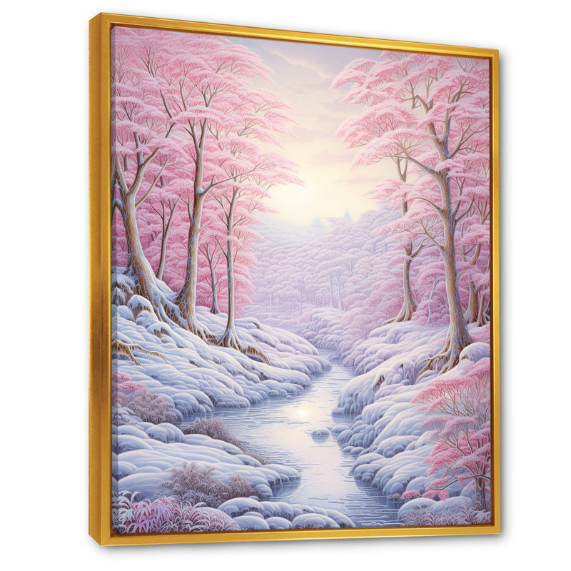 Kawaii paysage rivière d'hiver, H 20 po x l 12 po x P 1 po, Cadre flottant doré