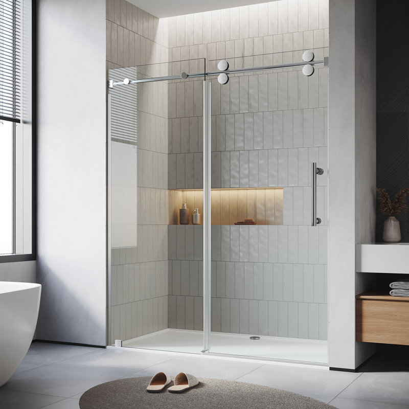 Porte de douche coulissante simple sans cadre de 56 à 60 po x H 72 po avec verre trempé transparent de 3/8 po amélioré
