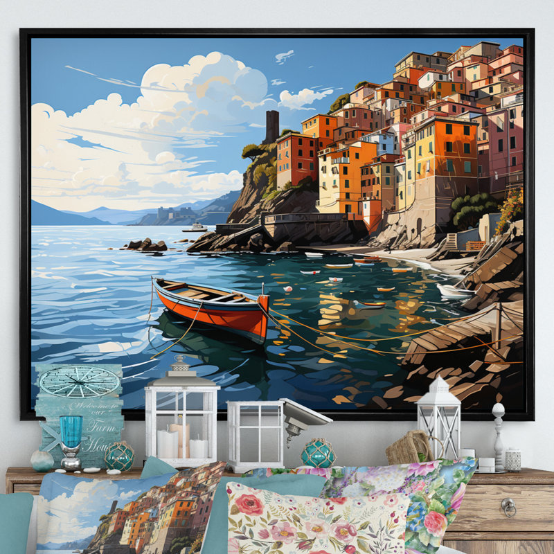 «Beige Italy Cinque Terre I» sur toile, Cadre flottant noir, H 24 po x l 32 po x P 1 po