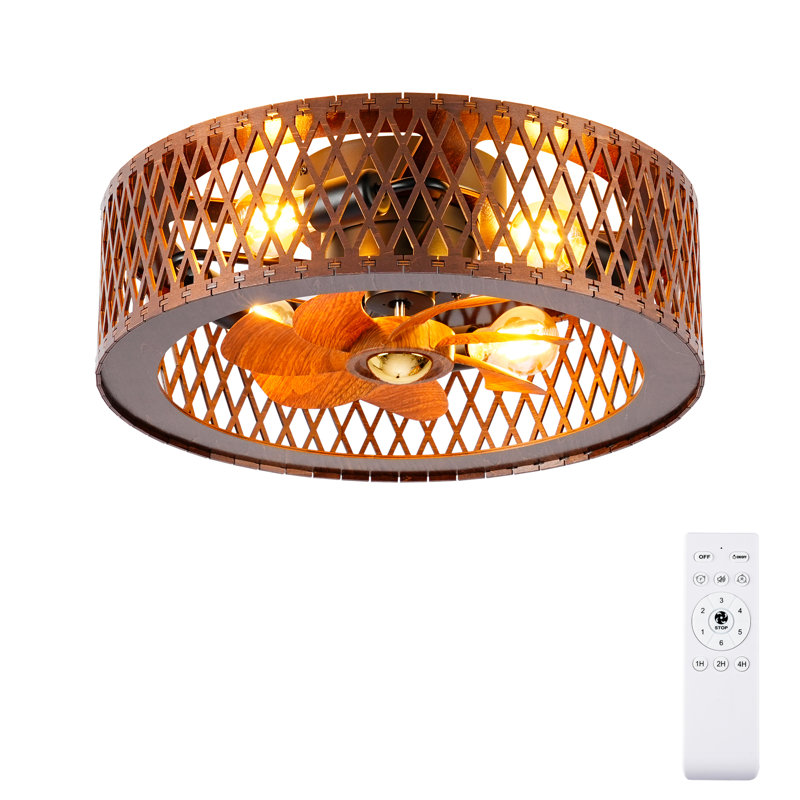 Modern Caged Ceiling Fan Light Kit with Remote Control, Brown Wood