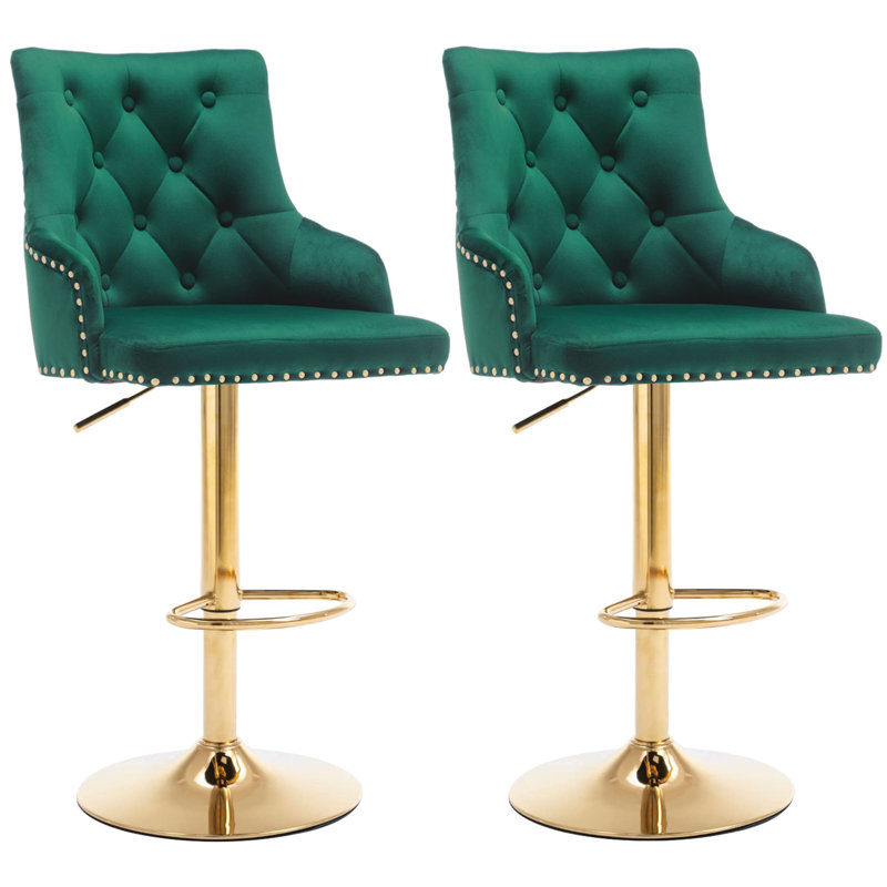 Darnella Height Adjustable Swivel Bar Stool, Green Velvet