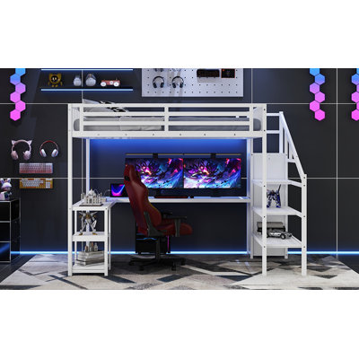 Metal Queen Loft Bed With Wardrobe And LED Light, Queen Size Loft Bed With L Shaped Desk And USB