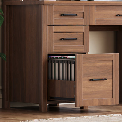 Farmhouse Executive Desk with Hutch and Charging Station, Computer Desk with 2 Sliding Barn Doors, 5 Drawers & Storage Cabinet with 3-Position Adjusta