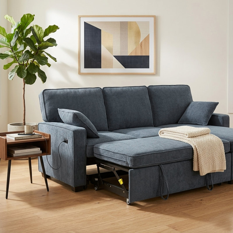 Finkle 89 Inch Upholstery Sleeper Sectional Sofa with Storage Chaise, Sleeper Sofa Bed with USB Port, 2 Cup Holders on Back Cushions