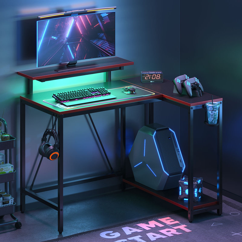 106cm Reversible L-Shaped LED Gaming Desk - Carbon Fiber with Monitor Stand & Headset Hooks