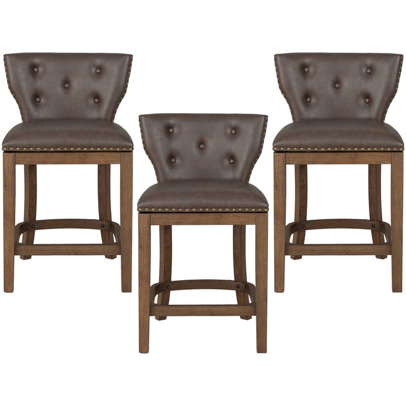  Tabouret de comptoir pivotant 26 po Carlynd, noyer et cuir brun, ensemble de 3, 3