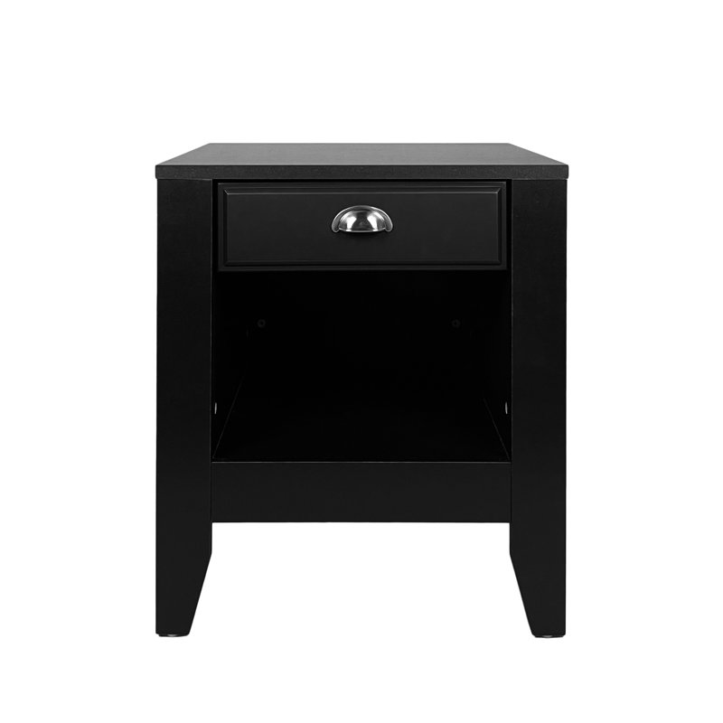 Élégante table d'appoint contemporaine en faux bois noir avec tiroir et rangement