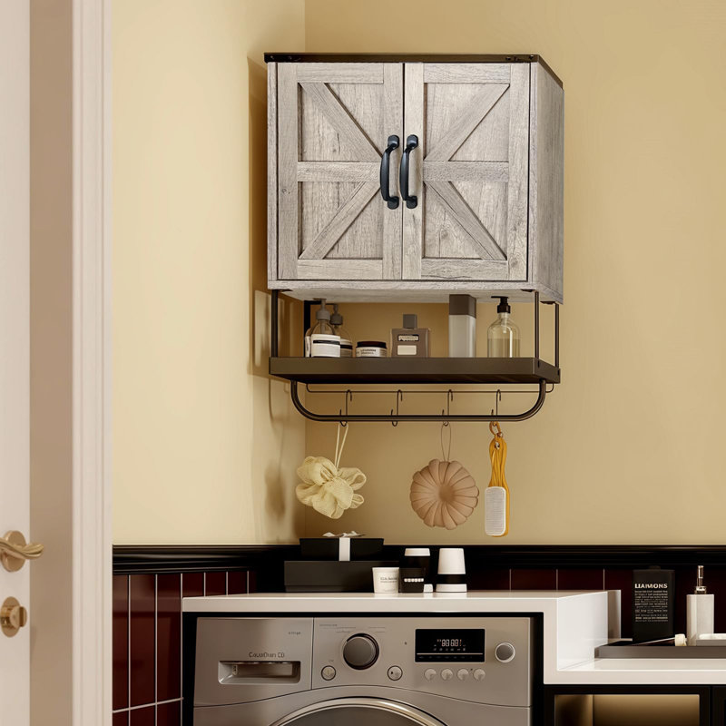 Armoire de salle de bain murale avec 2 portes de grange, Gris