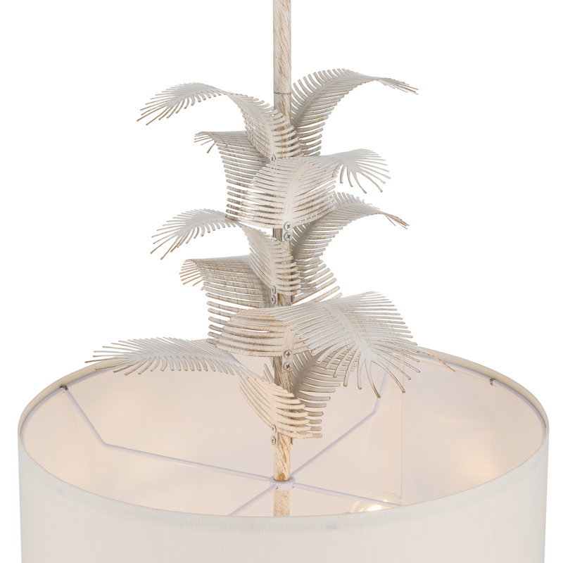 4 - Light Whitewashed Drum Chandelier with Palm Leaf Detailing and Fabric Shade