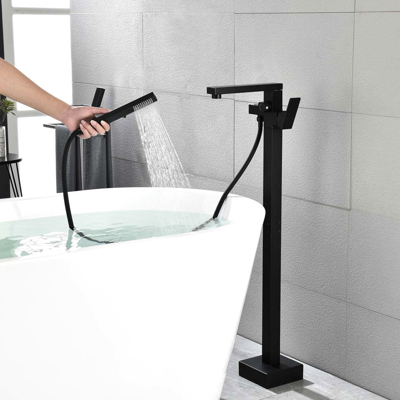 Robinet de baignoire autoportant noir mat. Fixation au sol, bec rotatif à 360 degrés avec douche à main, matériaux de qualité pour la baignoire noire. Bec pivotant, poignée simple A