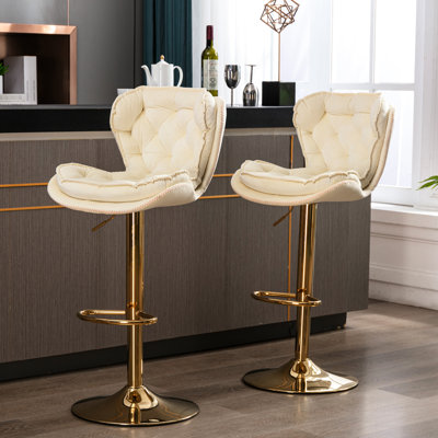 De 2 tabourets de bar en velours crème, repose-pieds, base pivotante, hauteur réglable mécaniquement, pieds dorés, 18,21 po de largeur, 34,66 de hauteur, 17,79 de profondeur, tabourets 2, sièges, base pivotante, levage mécanique pour