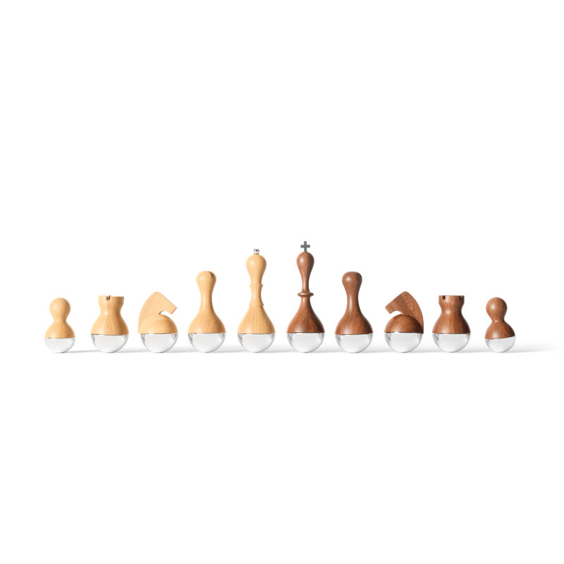 Modern Walnut and Maple Wobble Chess Set with Chrome Accents