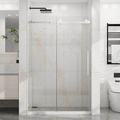 Porte de douche coulissante, l 48 po x H 72 po, verre trempé transparent de 6 mm, facile à nettoyer, largeur réglable de 48 à 48 po, scellage imperméable et réversible, poulies silencieuses, finition en verre H, résistance aux éclaboussures de 1/4 po et 6 mm