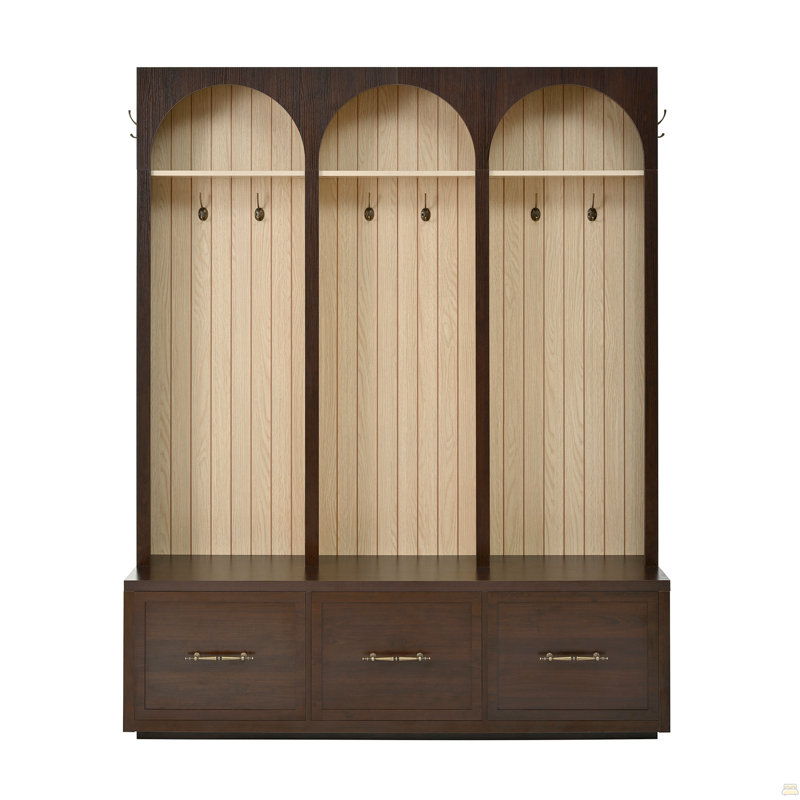 Farmhouse Wooden Style Hall Tree with Arched Design, Elegant Entryway Bench with Retro Hooks, Rustic Coat Rack & Shoe Organizer with Drawers