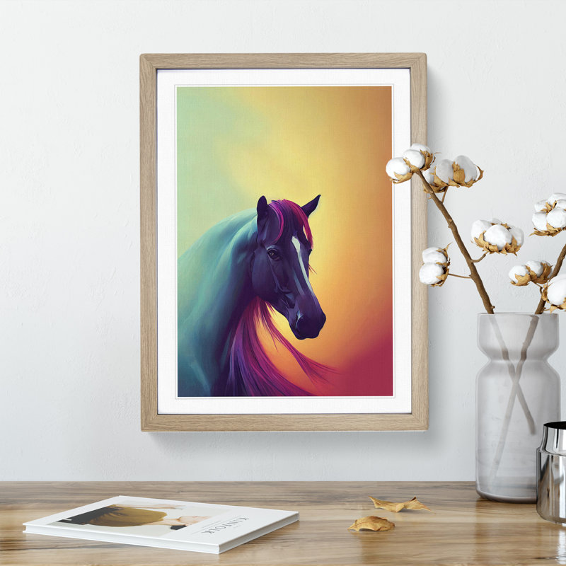 Mystical Horse - Single Picture Frame Print, 46cm H x 34cm W x 2cm D, Oak