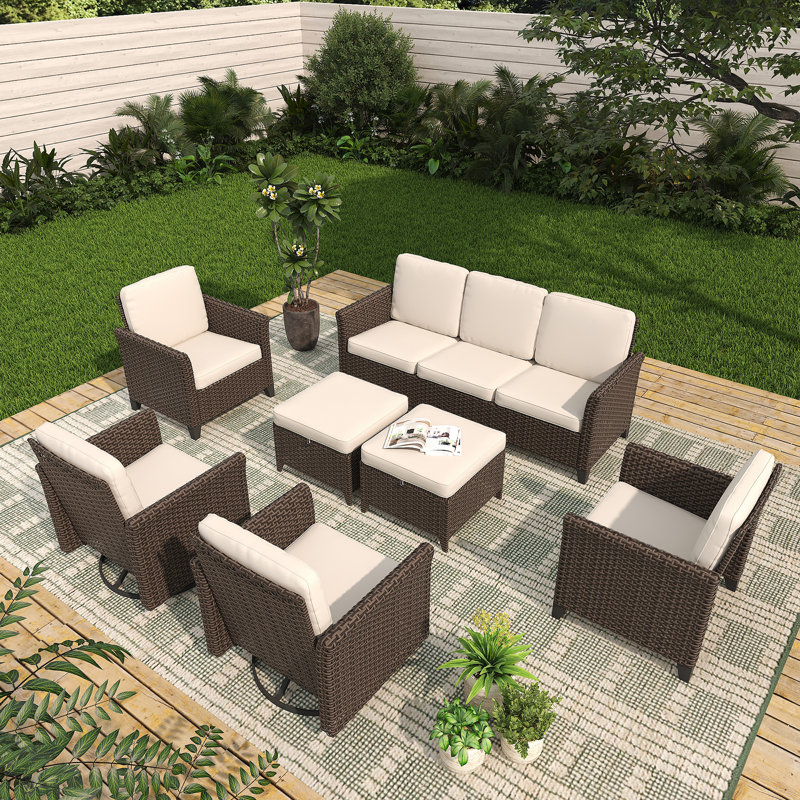 7-Piece Outdoor Wicker Sofa Set, All-Weather High Back with Comfy Cushions, 2 Single & 2 Swivel Chairs, 1 Three-Seat Sofa, 2 Ottomans