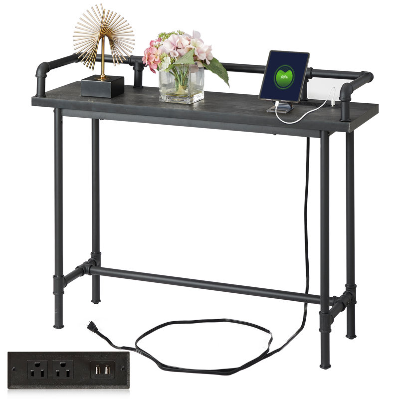 Table de console d'entrée moderne avec prises électriques et ports USB, table de canapé étroite avec structure en métal et plateau en bois d'ingénierie