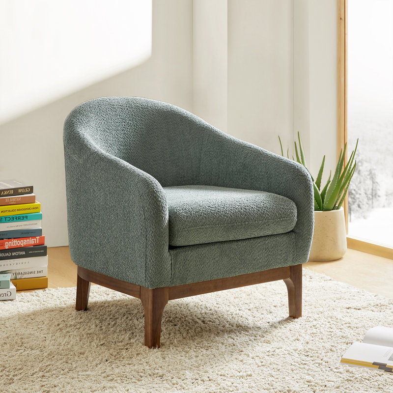 Fauteuil demi-tonneau moderne avec pieds en bois massif Berklie, Laine sauge