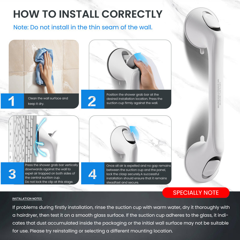 16" Suction Cup Shower Grab Bar, 2 Pack, White
