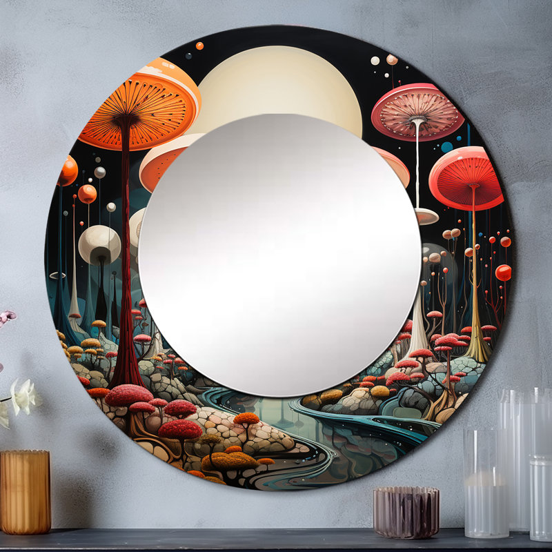 Colorful Mid Century Midcentury Mushroom Dreams III - Midcentury Modern Wall Mirror, Mid-Century Modern Round Decorative Mirror, Printed Metal Art