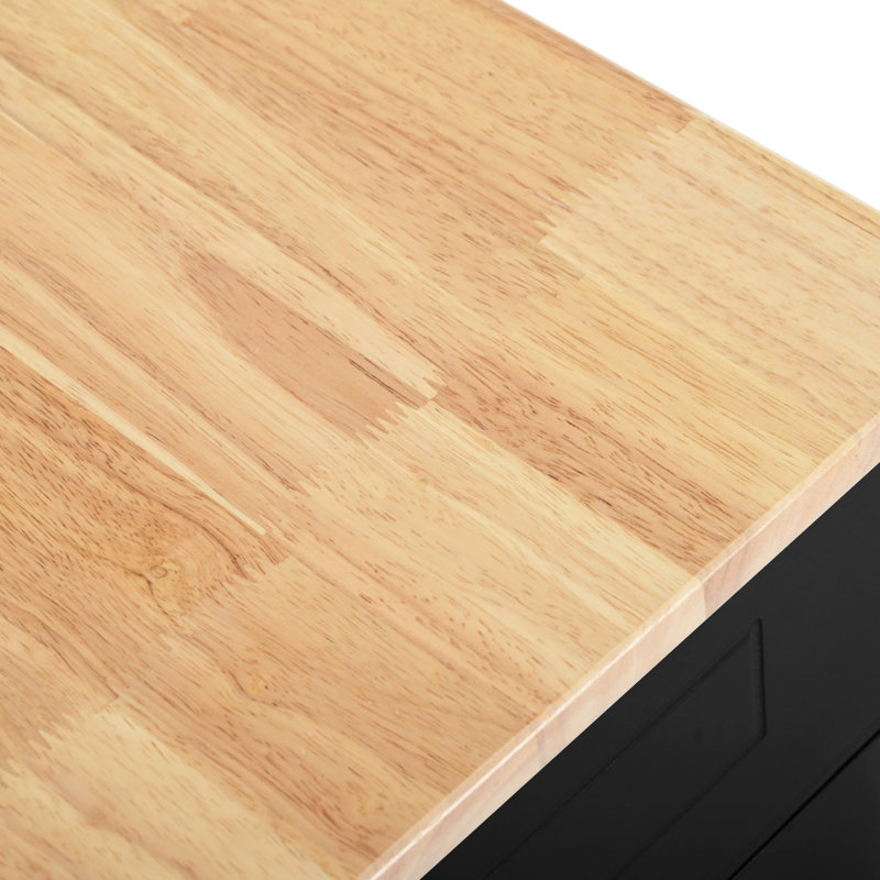 Classic Kitchen Island Including Hidden Trash Can, Power Supply, 3 Drawers, Open Shelves, 5 Design, Black With Storage Cabinet, Outlet, Side , Movement,