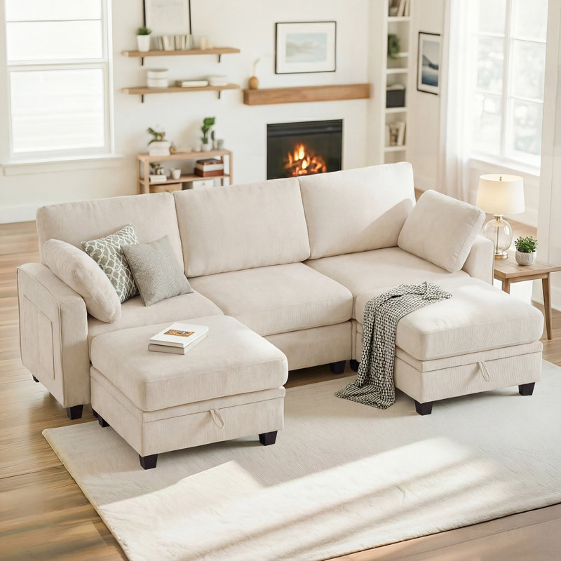 Canapé modulaire en chenille 5 pièces avec repose-pieds de rangement 5 pièces, Beige