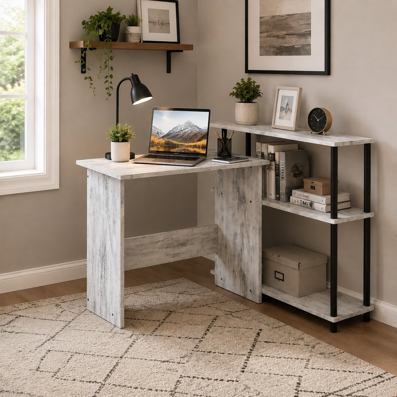 Bureau d'écriture en L de 39 pouces, en bois et noir, avec tablette de rangement., Blanc / noir