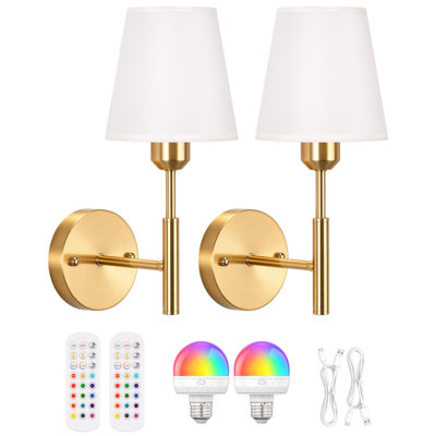 Ensemble de deux appliques murales rechargeables sans fil à piles avec télécommande, avec 5 ampoules à intensité variable détachables