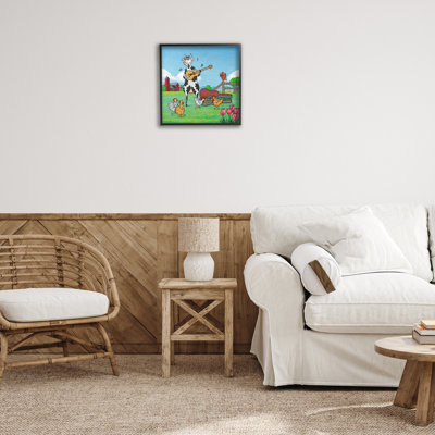 Busking Cow with Audience Framed Giclee, design by Roger Straub